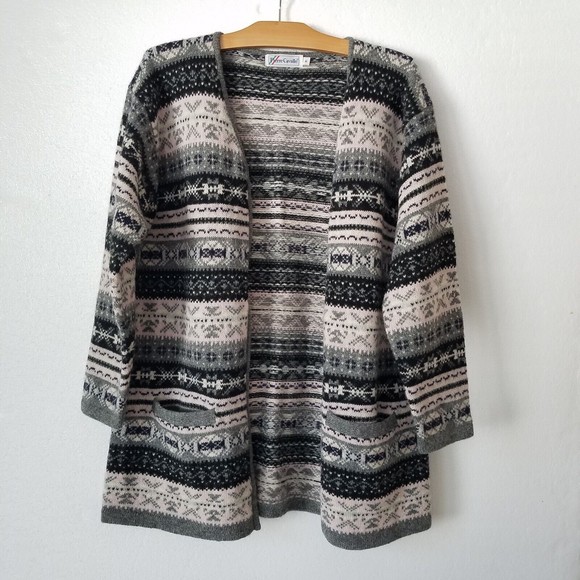 Vtg Pierre Cavallo Womens XL Wool Cardigan Sweater Fair Isle V-neck Zip Up Gray - Picture 1 of 9